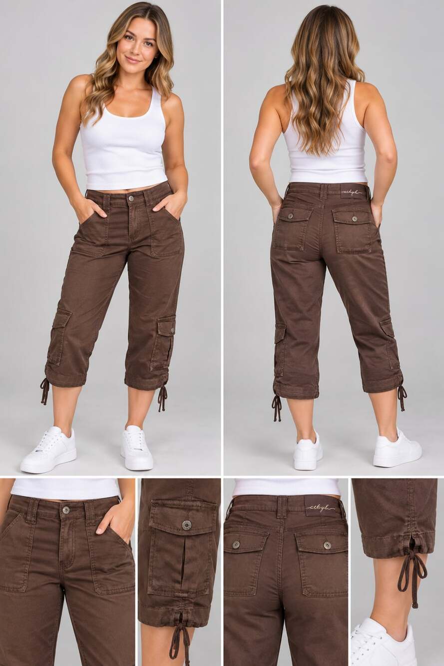 Ethyl Classic Cargo Capri Pants Size 10 Brown Cotton Cinch Hem